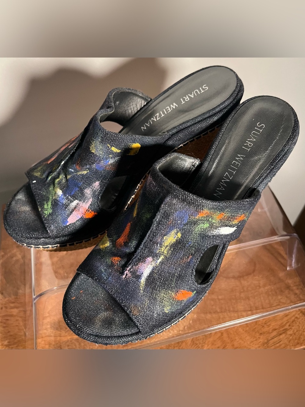 Stuart Weitzman Denim Hand Painted Mules